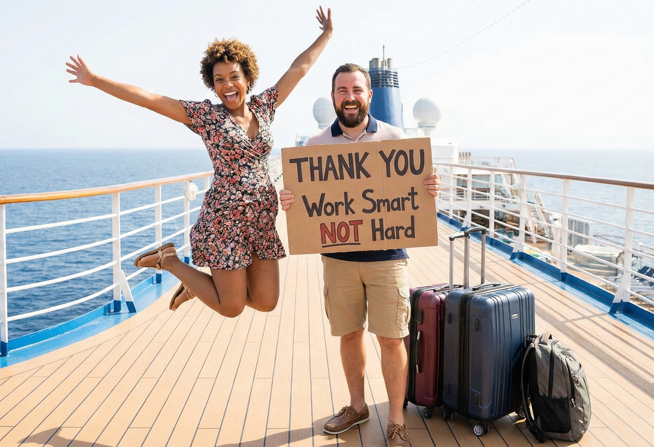 Joyful couple on cruise ship deck